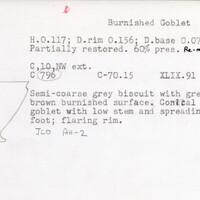 Index card with typed and handwritten information, sometimes including a sketch, of pottery from an excavation.