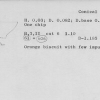 Index card with typed and handwritten information, sometimes including a sketch, of pottery from an excavation.
