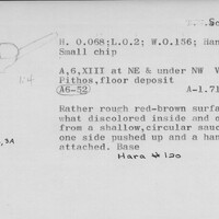 Index card with typed and handwritten information, sometimes including a sketch, of pottery from an excavation.