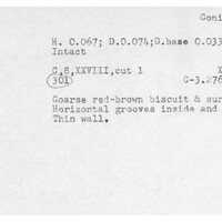 Index card with typed and handwritten information, sometimes including a sketch, of pottery from an excavation.