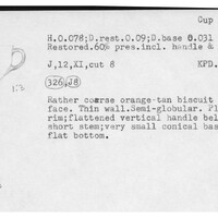 Index card with typed and handwritten information, sometimes including a sketch, of pottery from an excavation.