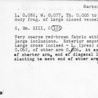 Index card with typed and handwritten information, sometimes including a sketch, of pottery from an excavation.