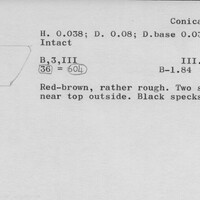 Index card with typed and handwritten information, sometimes including a sketch, of pottery from an excavation.