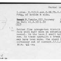 Index card with typed and handwritten information, sometimes including a sketch, of pottery from an excavation.
