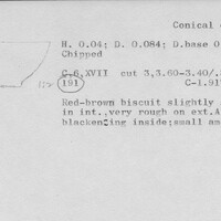 Index card with typed and handwritten information, sometimes including a sketch, of pottery from an excavation.