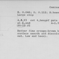 Index card with typed and handwritten information, sometimes including a sketch, of pottery from an excavation.