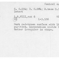Index card with typed and handwritten information, sometimes including a sketch, of pottery from an excavation.