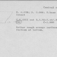 Index card with typed and handwritten information, sometimes including a sketch, of pottery from an excavation.