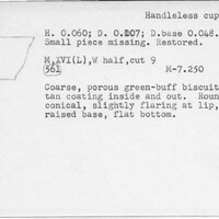 Index card with typed and handwritten information, sometimes including a sketch, of pottery from an excavation.