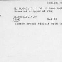 Index card with typed and handwritten information, sometimes including a sketch, of pottery from an excavation.
