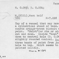 Index card with typed and handwritten information, sometimes including a sketch, of pottery from an excavation.