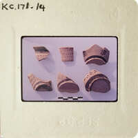 A collection of ancient pottery shards on display.