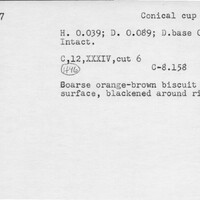 Index card with typed and handwritten information, sometimes including a sketch, of pottery from an excavation.