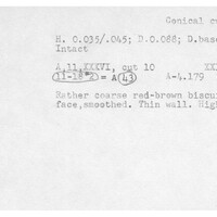 Index card with typed and handwritten information, sometimes including a sketch, of pottery from an excavation.