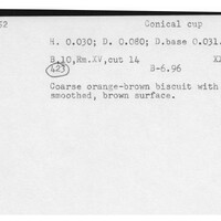 Index card with typed and handwritten information, sometimes including a sketch, of pottery from an excavation.