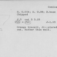 Index card with typed and handwritten information, sometimes including a sketch, of pottery from an excavation.