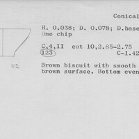 Index card with typed and handwritten information, sometimes including a sketch, of pottery from an excavation.