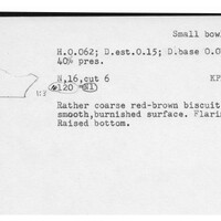 Index card with typed and handwritten information, sometimes including a sketch, of pottery from an excavation.