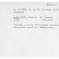 Index card with typed and handwritten information, sometimes including a sketch, of pottery from an excavation.