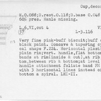 Index card with typed and handwritten information, sometimes including a sketch, of pottery from an excavation.