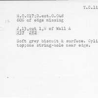 Index card with typed and handwritten information, sometimes including a sketch, of pottery from an excavation.