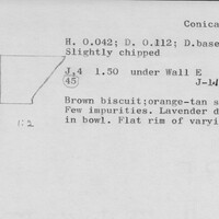 Index card with typed and handwritten information, sometimes including a sketch, of pottery from an excavation.