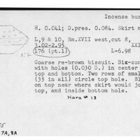Index card with typed and handwritten information, sometimes including a sketch, of pottery from an excavation.