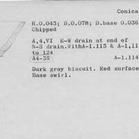Index card with typed and handwritten information, sometimes including a sketch, of pottery from an excavation.