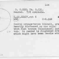 Index card with typed and handwritten information, sometimes including a sketch, of pottery from an excavation.
