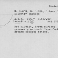 Index card with typed and handwritten information, sometimes including a sketch, of pottery from an excavation.