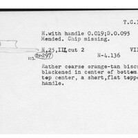 Index card with typed and handwritten information, sometimes including a sketch, of pottery from an excavation.