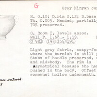 Index card with typed and handwritten information, sometimes including a sketch, of pottery from an excavation.