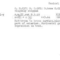 Index card with typed and handwritten information, sometimes including a sketch, of pottery from an excavation.