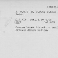 Index card with typed and handwritten information, sometimes including a sketch, of pottery from an excavation.