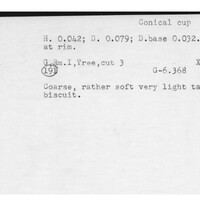 Index card with typed and handwritten information, sometimes including a sketch, of pottery from an excavation.