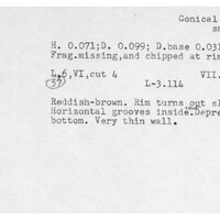 Index card with typed and handwritten information, sometimes including a sketch, of pottery from an excavation.