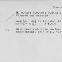 Index card with typed and handwritten information, sometimes including a sketch, of pottery from an excavation.