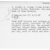 Index card with typed and handwritten information, sometimes including a sketch, of pottery from an excavation.