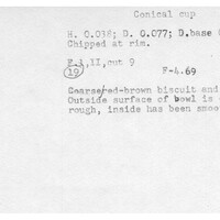 Index card with typed and handwritten information, sometimes including a sketch, of pottery from an excavation.