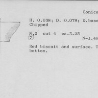 Index card with typed and handwritten information, sometimes including a sketch, of pottery from an excavation.