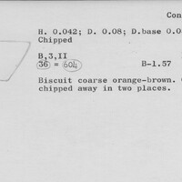 Index card with typed and handwritten information, sometimes including a sketch, of pottery from an excavation.