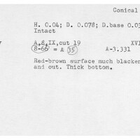 Index card with typed and handwritten information, sometimes including a sketch, of pottery from an excavation.