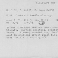 Index card with typed and handwritten information, sometimes including a sketch, of pottery from an excavation.