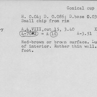 Index card with typed and handwritten information, sometimes including a sketch, of pottery from an excavation.