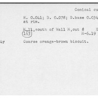 Index card with typed and handwritten information, sometimes including a sketch, of pottery from an excavation.