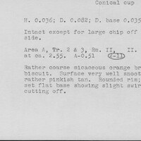 Index card with typed and handwritten information, sometimes including a sketch, of pottery from an excavation.