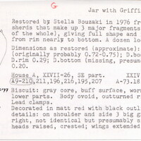 Index card with typed and handwritten information, sometimes including a sketch, of pottery from an excavation.