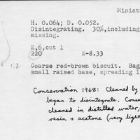 Index card with typed and handwritten information, sometimes including a sketch, of pottery from an excavation.