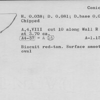 Index card with typed and handwritten information, sometimes including a sketch, of pottery from an excavation.