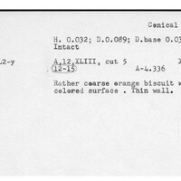 Index card with typed and handwritten information, sometimes including a sketch, of pottery from an excavation.